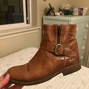 Bed Stu Cognac Leather Ankle Boot with Brass Buckle